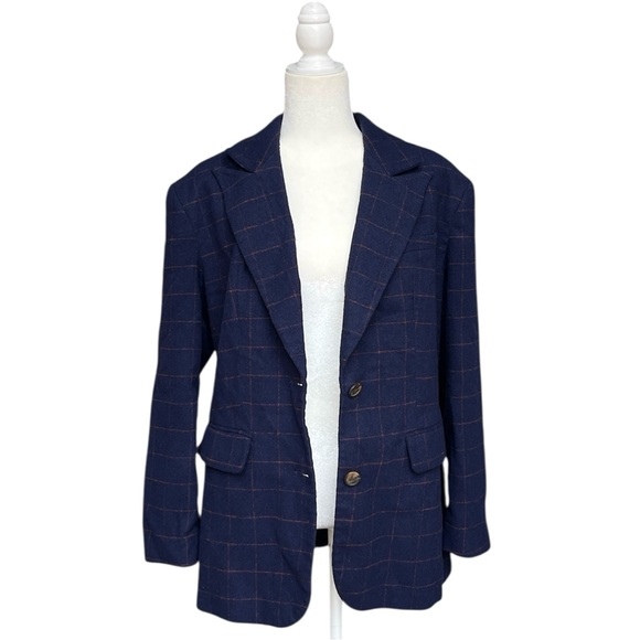 Classic Navy And Red Plaid Women's Blazer Work Wear Office Coat - Picture 8 of 10